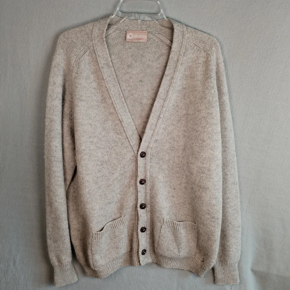 VTG Pitlochry Scotland Shetland Wool Cardigan Sweater Men's 44 Large Beige Tan